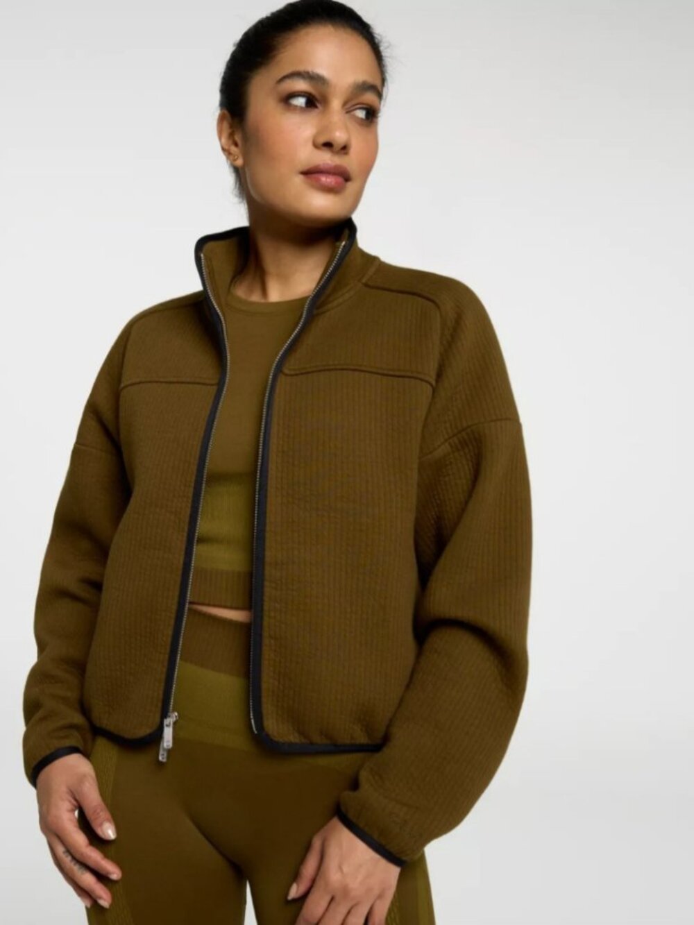 Calia Women's Elevate Structured Full  Zip in Dark Khaki Olive size XS NWT $98